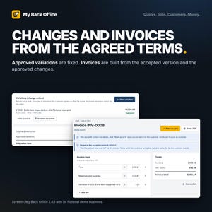 Op de afbeelding: Een digitale interface voor My Back Office software voor het beheer van facturen en variaties. Het scherm toont de tekst Changes and Invoices from the Agreed Terms, met velden voor taakwaarden, regelitems en totalen in Britse ponden.