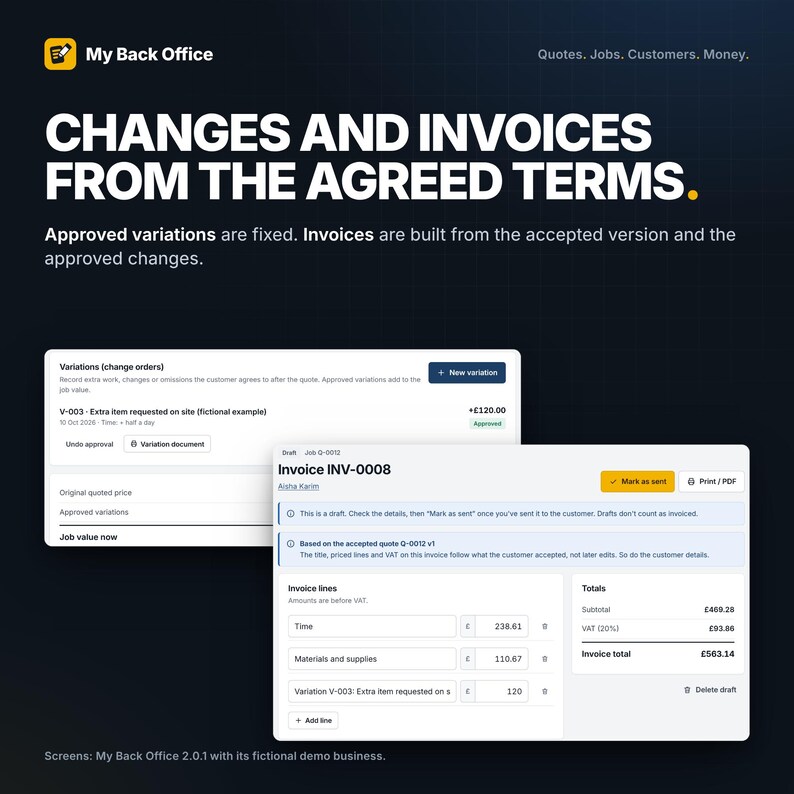 Op de afbeelding: Een digitale interface voor My Back Office software voor het beheer van facturen en variaties. Het scherm toont de tekst Changes and Invoices from the Agreed Terms, met velden voor taakwaarden, regelitems en totalen in Britse ponden.
