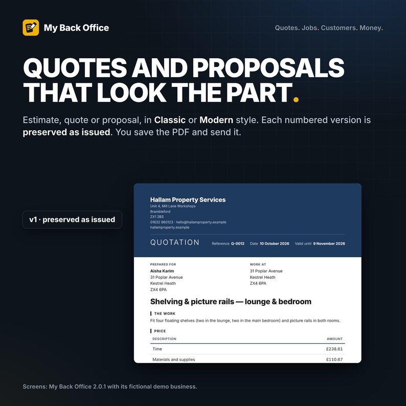 Op de afbeelding: Een digitale interface van My Back Office met een offerte voor Hallam Property Services. Het document bevat klantgegevens voor Aisha Karim, een projectomschrijving voor planken en schilderijlijsten, en gespecificeerde kosten in ponden.