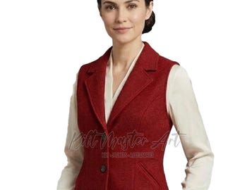Gilet en laine rouge fait main pour femme, gilet en tweed taillé sur mesure, gilet d'inspiration équestre et champêtre, style vintage classique