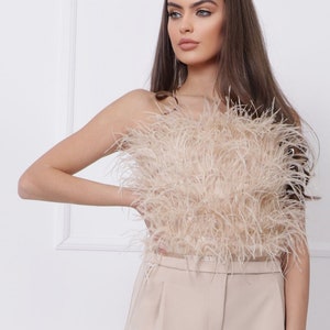 Beige Cold shoulder Crop Top Vintage Crop Top with Feathers Designer Crop Top image 2