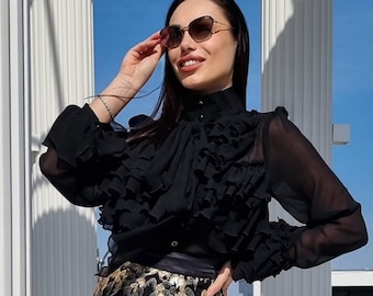 Black Ruffle Blouse: Sheer Sleeve High Neck Victorian Top