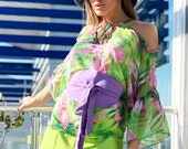 Floral Chiffon Tunic Summer Tunic with Flared Long Sleeves and Violet Georgette Belt Designer Tunic by Caramella Fashion - 022458