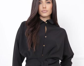 Black Peplum Blouse: Elegant Belted Shirt with Gold Buttons