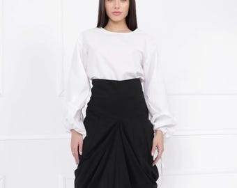 Falda midi de algodón negro hecha a mano: falda drapeada de talle alto con bolsillos.