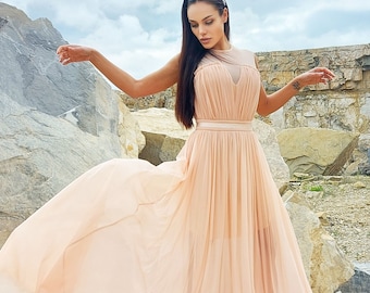 Maxi Event Dress - Long Peach Formal Bridesmaid Round neck Sleeveless A-line Dress, Peach Wedding Dress, Maxi Formal Dress