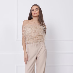 Beige Cold shoulder Crop Top Vintage Crop Top with Feathers Designer Crop Top image 1