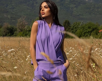 Purple Elegant Jumpsuit, Formal Jumpsuit, Sleeveless Jumpsuit, Wedding Guest Outfit, Zipper Jumpsuit, Lavender Jumpsuit, Cocktail ~ 042088