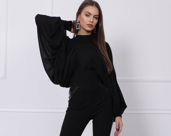 Balloon Sleeve Blouse, Womens Clothing, High Neck Blouse, Black Top, Puff Sleeve Blouse, Elegant Blouse, Formal Top, Spring Clothing