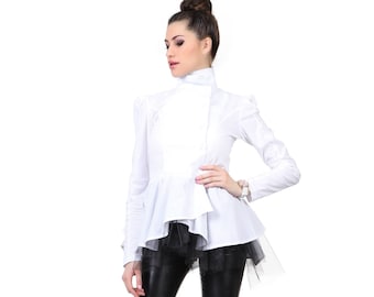 White Cotton Peplum Top: Elegant Long Sleeve Blouse