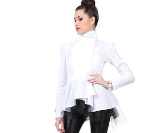 Peplum Top By Caramella Fashion, Elegant Blouse, Designer Shirt, White Blouse, Womens Clothing, Long Sleeve Blouse, Formal Top, Extravagant