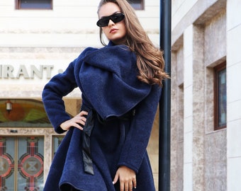 Blue Wool Coat, Long Coat Women, Asymmetrical Coat, Avant Garde Coat, Designer Coat, Winter Clothing By Caramella Fashion ~ 052109