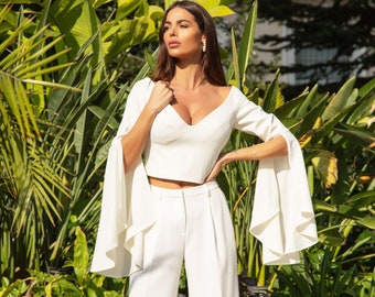 White crop top | Top with long sleeves | Sexy Elegant top | Deep-v evening crop top | Crop top with cape sleeves by Caramella Fashion 022480