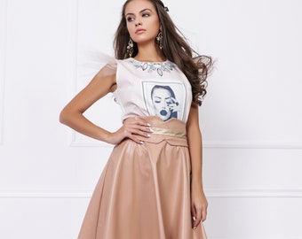 Beige Skirt | Flared Casual Midi Everyday High-waisted Skirt with a belt | Designer Skirt - 032247