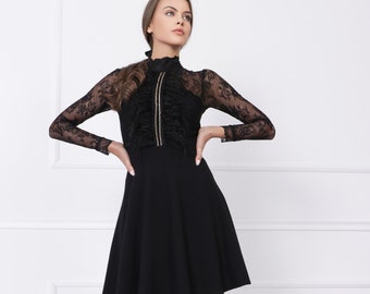 Designer Black Formal Dress with Lace Long Sleeves and Feathers Frill / Mini Elegant Dress / Long Sleeve Black Dress