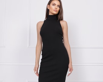 Black Halter Neck Midi Dress, Sleeveless Bodycon, Summer Party Dress - Etsy