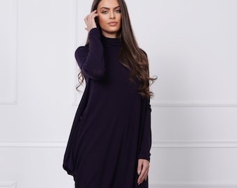 Women's dress / Dark purple Oversized Long Asymmetrical Long sleeve Cozy Dress