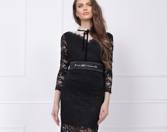 Lace Cocktail Dress, Black Long Sleeve Dress, Pencil Dress, Spring Clothing, Elegant Dress, Womens Clothing, Fitted Dress, Evening ~ 012874