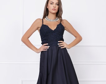 Blue Event Gown - Navy Blue Maxi Elegant Satin Long V-neck Sleeveless A-line Dress with lace and spaghetti straps - 012754