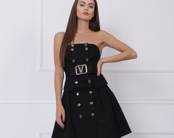 Black Elegant Dress - Evening Luxury Formal Party Cold Shoulder A-line Mini Short Dress with buttons and a wide high-waisted belt