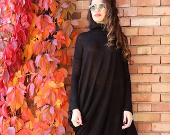 Black Long Knitted Casual Long sleeve Everyday Asymmetrical Maxi tunic with a turtleneck by Caramella Fashion - 012187