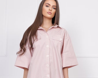 Pink Everyday Dress - Loose Cotton Midi Oversized Breathable Collared Shirt Dress with half sleeves and two pockets on the front