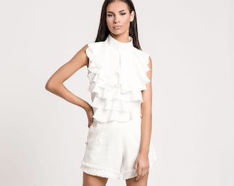 White Blouses For Women, Formal Top, Chiffon Top, Sleeveless Top, Ruffle Top, Romancecore Clothing, Bridal Top, Avant Garde Clothing