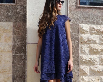 Dark blue Formal Dress - Elegant Mini Short Lace Loose Round neck Extravagant Evening Dress with short sleeves