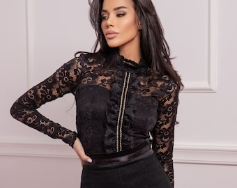 Black Lace Blouse, Elegant Blouse, High Neck Top, Womens Clothing, Sexy Blouse, Formal Blouse, Long Sleeve Top, Event Blouse, Evening Outfit