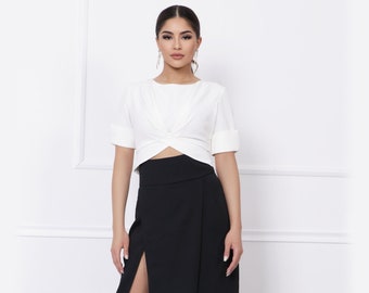 Set from a White Short sleeve Crop top and Wide Flowy Pants with a high slit | White Crop Top | Modern wide Pants with Slit