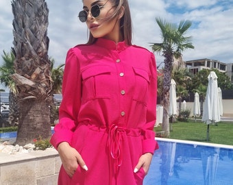 Fucshia Pink Dress, Collared Dress, Womens Clothing, Long Sleeves Dress, Spring Clothing, Dress With Pockets, Belted Dress, Shirt Dress