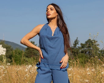 Blue Summer Set | Two-Piece Summer Set | Cowl Top and Long Trousers Set | Designer Set by Caramella Fashion - 082201