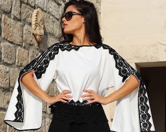 Designer Elegant and Stylish White Cotton and Black Lace Tunic with Long Flared Sleeves by Caramella Fashion - 022368