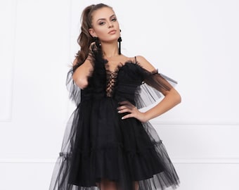 Black Tulle Mini Dress: Designer Formal Cocktail Party Dress