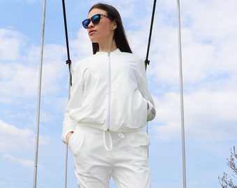 White Cotton Sports Long Slim Designer Track suit by Caramella Fashion - 082018