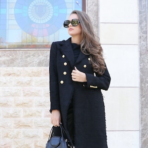 Boucle Black Coat: Elegant Formal Wear with Golden Buttons