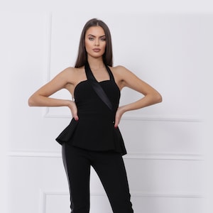 Black Halter Top Pant Set: Elegant Open-Back Evening Outfit