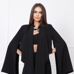 Asymmetric Black Blazer: Women&#39;s Avant Garde Cape Sleeve Coat