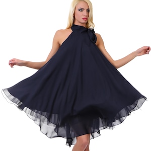 Elegant Navy Chiffon Swing Dress for Wedding Guest | A-Line Summer Dress for Women | Sleeveless Flowy Cocktail Party Outfit