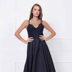 Blue Event Gown Navy Blue Maxi Elegant Satin Long V-neck Sleeveless A-line Dress with lace and spaghetti straps 012754 image 1