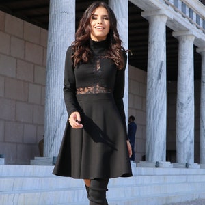 Black Mini Dress Long sleeve Black Dress Turtleneck Dress with Lace Short Dress Designer Dress by Caramella Fashion 012554 image 2