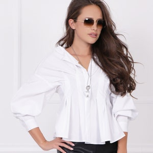 White Short Elegant V-neck Special Occasion Cotton Fitted Long sleeve Formal shirt with puff sleeves/FREE express shipping and custom sizing image 1