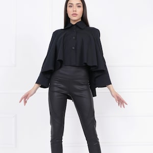 Black Cotton Oversized Shirt for Women – Loose Flowy Button Down Blouse with Asymmetric Hem – Minimalist Avant-Garde Top