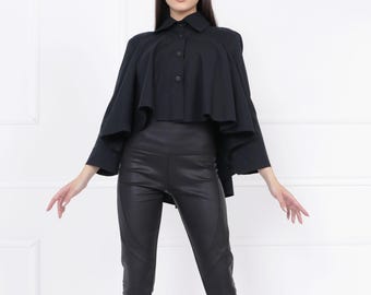 Camisa extragrande de algodón negro hecha a mano: blusa asimétrica de vanguardia