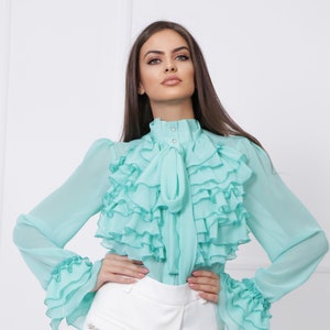 Mint Ruffle Blouse, Long Sleeve Shirt, High Neck Top, Fall Style, Victorian Shirt, Sheer Elegant Shirt by Caramella Fashion - 022609