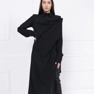 Long Black Asymmetric Shirt with Draped Detail – Elegant Minimalist Tunic Blouse for Women, Unique Designer Clothing
