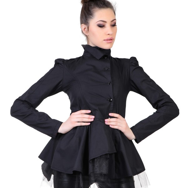 Black Peplum Top, Womens Clothing, Avant Garde Blouse,  Gothic Tulle Blouse, Extravagant Top, Caramella Fashion~With Removable Crystal Tulle