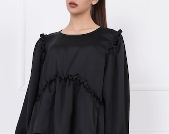 Schwarz Rüschen Bluse: Langarm Satin Top, Elegante Abendgarderobe