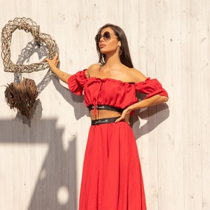 Linen Red Long set, composed of an off-the-shoulder short sleeve crop top and long flowy skirt by Caramella Fashion 082095 image 1