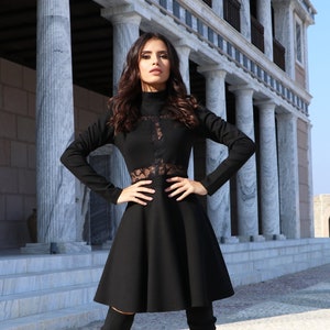 Black Mini Dress Long sleeve Black Dress Turtleneck Dress with Lace Short Dress Designer Dress by Caramella Fashion 012554 image 1